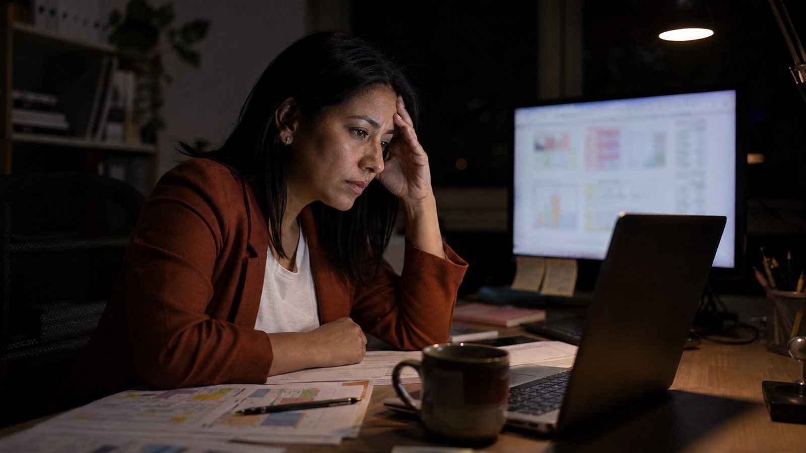 Marketer working late at night between spreadsheets and dashboards